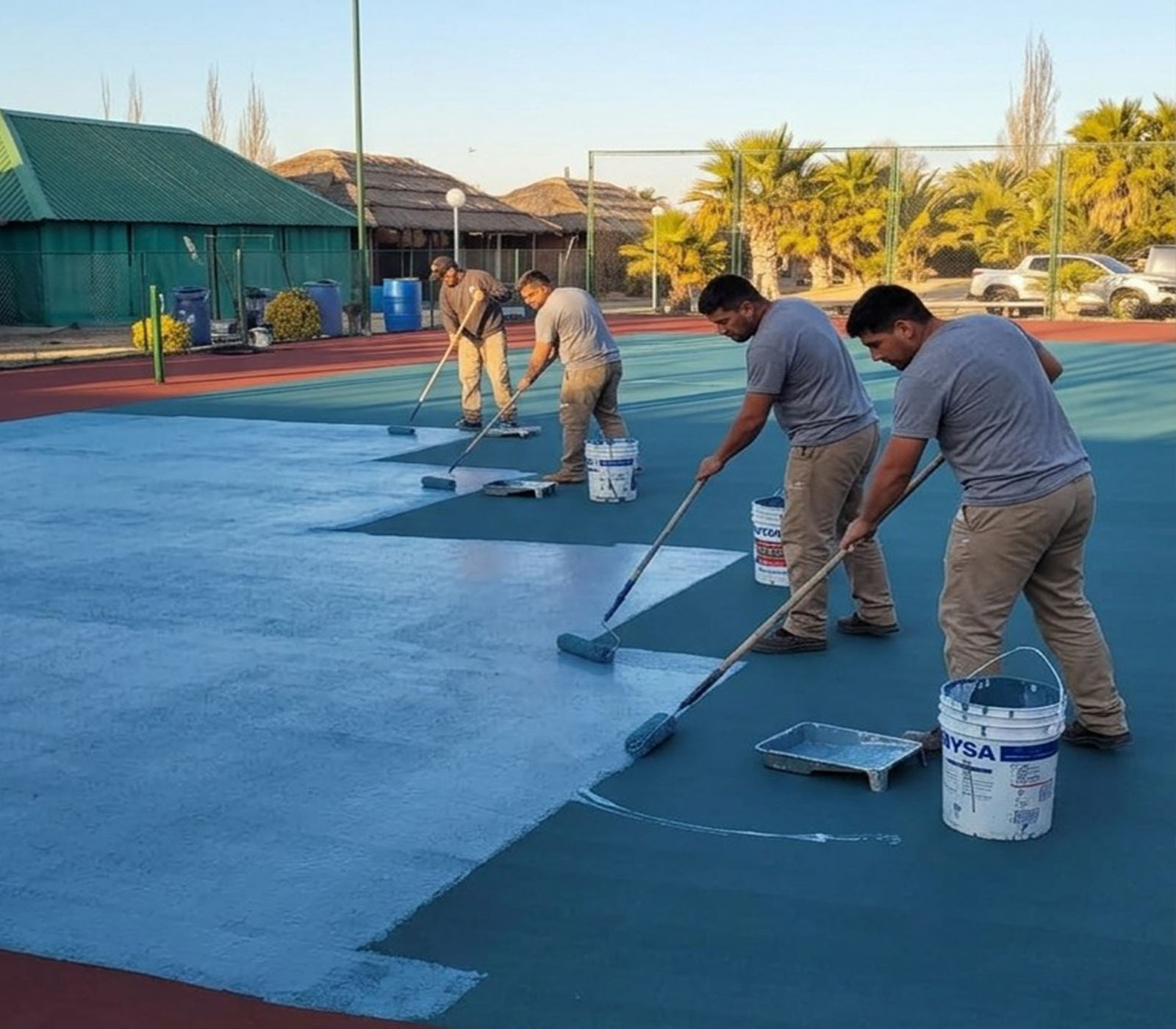 Equipo Tenis Point en obra de construcción de cancha de tenis en Argentina